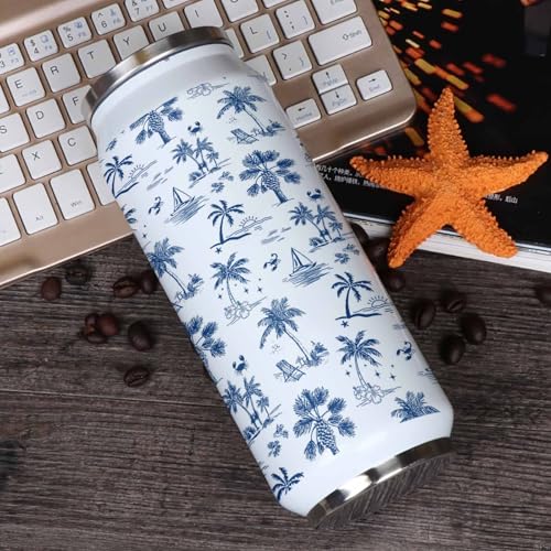 T&H XHome Ocean 14oz Stainless Steel Tumbler with Lid & Straw-Double Wall Vacuum Insulated Travel Mug Summer Coconut Trees Shells Sailing Vessel Water Bottle Coffee Beverage Drinks Cup - size: 14 Ounces