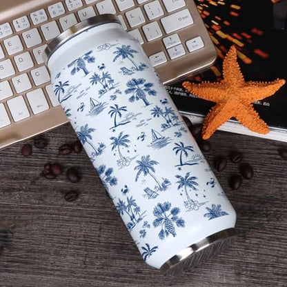T&H XHome Ocean 14oz Stainless Steel Tumbler with Lid & Straw-Double Wall Vacuum Insulated Travel Mug Summer Coconut Trees Shells Sailing Vessel Water Bottle Coffee Beverage Drinks Cup - size: 14 Ounces
