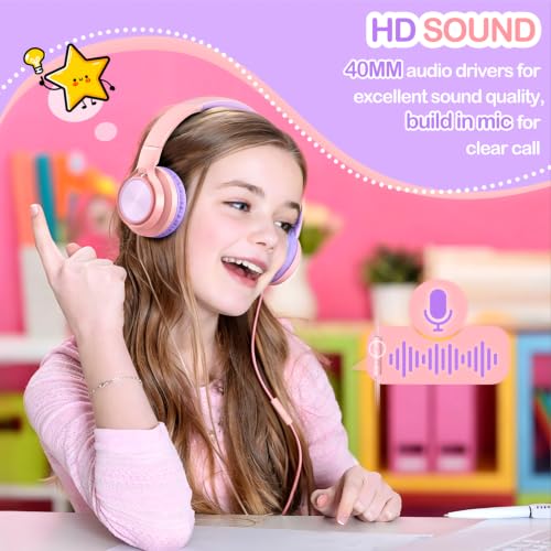 Kids Headphones with Mic for School, USB C&3.5mm Wired Over Ear Headphones for Teens/Boys/Girls,Safe Volume Limited, HD Stereo Sound Foldable Headphones for Students/Tablet/Laptop/PC/Travel,Pink - color: Pink