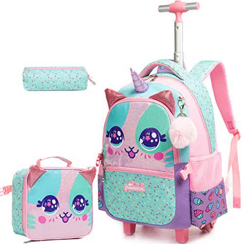 Unicorn Roller Backpack with Wheels Set for Elementary Students Carry on Luggage Bookbag with Roller for Girls Kids - color: Pink