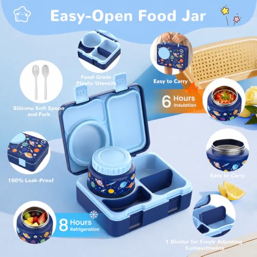 Kids Lunch Box with Thermo, Leakproof Bento Box for Kids with 8OZ Insulated Food Jar, Ice Pack, Sauce Cup, Utensils, Removable Tray & Dividers for School Daycare Travel (Space) - color: Space