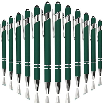 Oddmoal Ballpoint Pen with Stylus Tip, Soft Touch Click Metal Pen, 1.0mm Medium Point, Black Ink, 12 Count(Dark Green) - color: Dark Green - 12 Pens