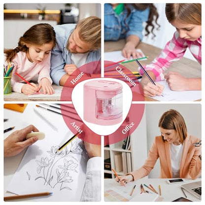 AUAUY Automatic Electric Pencil Sharpener with 2 Hole Sizes, Battery Operated with 4 Knife Holders & Charger, for Standard & Makeup Pencils (Pink) - color: Usb-pink