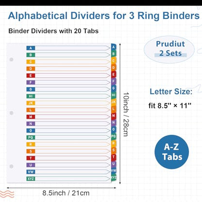 2 Sets A-Z Alphabet Dividers for 3 Ring Binder Notebook, 20-Tab 8.5 x 11 in | White Paper and Multicolor Preprinted Tabs Page Dividers for Organizing Documents Files at Office, School, Home