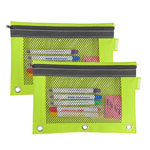 BAZIC PRODUCTS Bright Color 3-Ring Pencil Pouch with Mesh Window, 2-Pack | clear mesh window and a zipper closure for pens; pencils; supplies - color: Lime Green