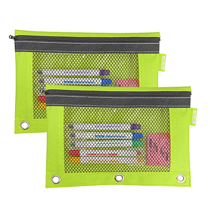 BAZIC PRODUCTS Bright Color 3-Ring Pencil Pouch with Mesh Window, 2-Pack | clear mesh window and a zipper closure for pens; pencils; supplies - color: Lime Green