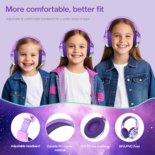 QearFun Kids Bluetooth Headphones, 60H Playtime, 74/85/94dB Safe Volume Limit, Metallic Gradient Wireless Headset with HD Mic, Fast Charging, Foldable, Wired 3.5mm Mode for School/Tablet/Travel - color: Purple