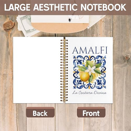 KAOWT Blue and White Amalfi Coast Italian Lemon Notebook Journal, Mediterranean Tile Notebooks for Note Taking, Coastal Beach Ocean Journal, Botanical Lemon Hardcover Spiral Notebook 5.5x8.3in - color: Summer notbook-Lemon