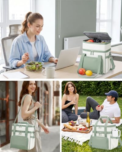 HOMESPON Double Layer Lunch Bag for Women Men, 14L Large Insulated Lunch Box with Shoulder Strap, Expandable Cooler Tote with Cup Holder for Work Office Picnic, Green - color: Green