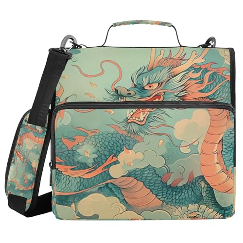 Vintage Dragons Zipper Binder with Shoulder Strap & Handle for Easy Carry, 1.5 Inch 3-Ring Binder for School, Expansion Panel and Expanding File
