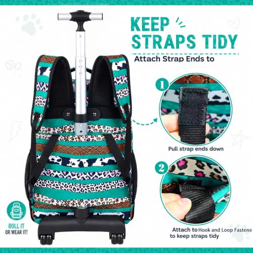 gxtvo Rolling School Backpack for Girls, Women Roller Bookbag with Lunch Box for Adults, Water Resistant Wheeled School Bag for College Teens Kids Travel - Leopard Print & Green Stripe - color: Leopard Print Green Stripe