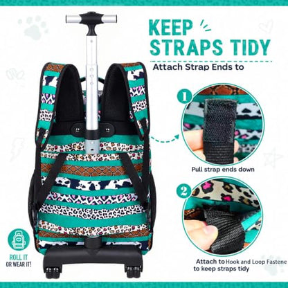 gxtvo Rolling School Backpack for Girls, Women Roller Bookbag with Lunch Box for Adults, Water Resistant Wheeled School Bag for College Teens Kids Travel - Leopard Print & Green Stripe - color: Leopard Print Green Stripe