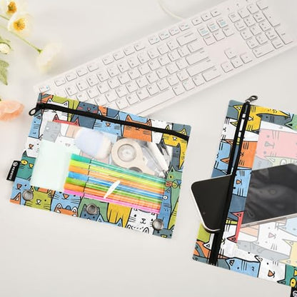 SUABO Seamless Cats Pencil Pouch for 3 Ring Binder, 2 PCS Binder Pencil Pouch with Zipper, Clear Window Zipper Pencil Case Pencil Bags for Office Supplies - color: Cats