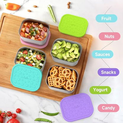 SOPHICO Stainless Steel 14 OZ Snack Containers for Kids，Food Storage Container with Silicone Lid - Perfect 304 Metal Toddler Lunch Box for Daycare and School, Leak Proof (MIX, 4 PACK) - color: 14oz, 4 Pack
