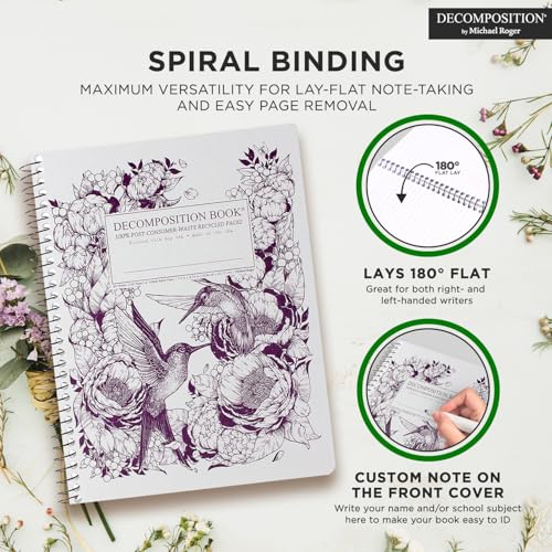 Decomposition Hummingbirds College Ruled Spiral Notebook - 9.75 x 7.5 Journal with 160 Lined Pages - 100% Recycled Paper - Notebooks for School Supplies, Home & Office - Made in USA - color: Hummingbirds