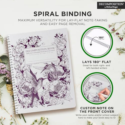 Decomposition Hummingbirds College Ruled Spiral Notebook - 9.75 x 7.5 Journal with 160 Lined Pages - 100% Recycled Paper - Notebooks for School Supplies, Home & Office - Made in USA - color: Hummingbirds