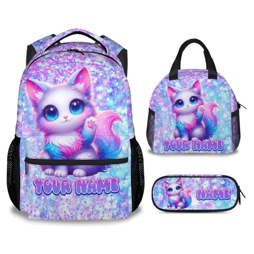 COZYAURA Cat Backpack for Girls Personalized with Name - 3-Piece School Bag Set with Insulated Lunch Box & Pencil Case for Kindergarten & Elementary Students - color: White