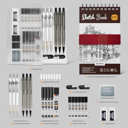 Nicpro 26PCS Art Drawing Supplies Kit, Mechanical Pencils Set 0.5, 0.7, 0.9 & 2mm, 100 Sheets Sketch book, 172PCS Lead Refills, School Supplies Gifts for Artist Adults Teens Girls Boys Sketching