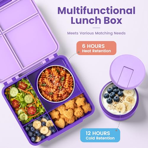 LOHASOK Bento Lunch Box Kids with 8oz Soup Thermo, Leak-Proof Lunch Containers with 4 Compartment, Thermo Hot Food Jar and Insulated Lunch Box for School Purple - color: Purple