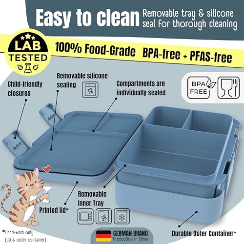 BEARFOOT Kids Lunch Box with Compartments – Compact & Lightweight | Leak-Proof, BPA-Free, Dishwasher Safe | Hand-Drawn Design for Preschool, School, Travel (Blue, 4 Cups) - color: Blue, size: 4 Cups