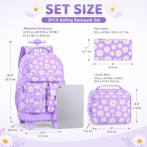 CCJPX Rolling Backpack for Girls, 3Pcs Roller Wheeled School Bookbag, Daisy Wheels Backpacks with Lunch Box for Kids (Purple) - color: Daisy Purple