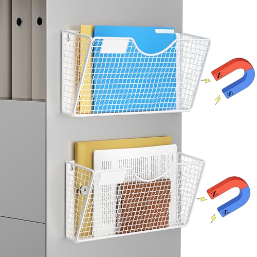 MFTEK Magnetic File Holder, 2 Pockets Wall File Folders Holder No Drilling Magnetic Paper Mail Organizer Magazine Basket, Hanging Storage Rack for Fridge Cabinets Office Classroom(White) - color: White, size: 2 Pack