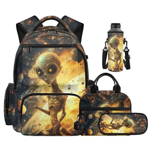 Cool Alien Backpack with Lunchbox for Boys Girls Kids Backpack with Lunch Box Water Bottle Carrier with Strap and Soft Pencil Case 4PCS Set Bookbag with Front Pocket for Teens Back to School - color: Cool Alien