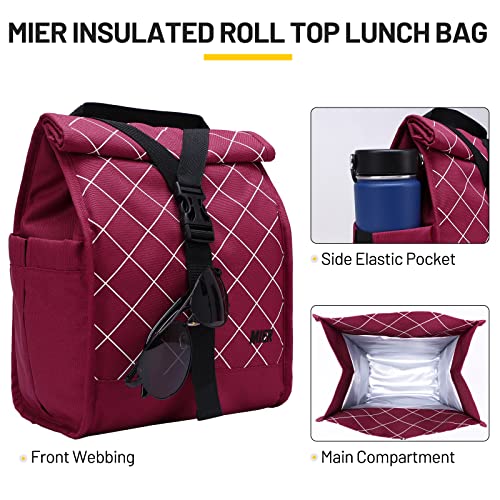 MIER Insulated Lunch Bag Roll Top Lunchbox for Women Men Adults Foldable Rolltop Lunch Tote with Shoulder Strap for Work Office Picnic, Water Bottle Holder, Red - color: Red