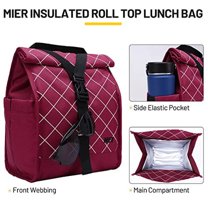MIER Insulated Lunch Bag Roll Top Lunchbox for Women Men Adults Foldable Rolltop Lunch Tote with Shoulder Strap for Work Office Picnic, Water Bottle Holder, Red - color: Red