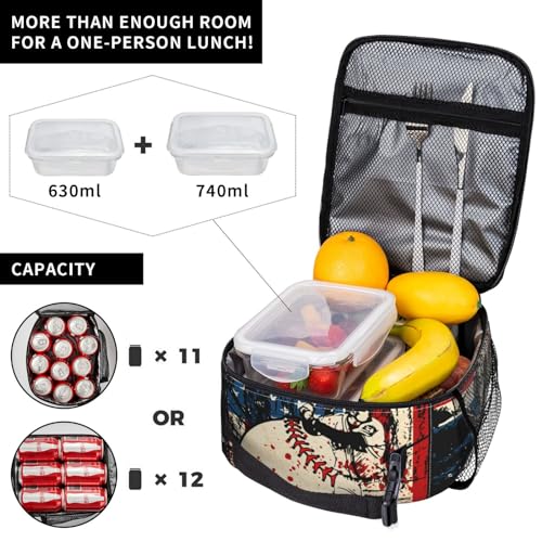 Baseball Stitches American Flag Insulated Lunch Bag, Baseball Sport Lunch Box Tote Cooler Reusable Lunch Pail Adjustable Shoulder Strap and Side Pocket Outdoors Meal Bag For Women - color: Baseball American Flag