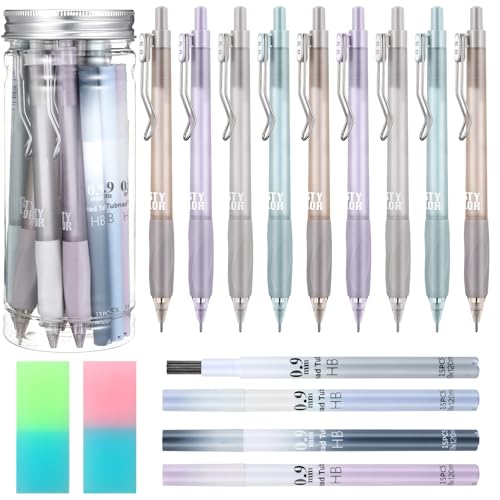 Boao Mechanical Pencil Set Assorted 12 Pieces Mechanical Pencils, 4 Tubes Pencil 0.9 mm Refills, 2 Pieces Erasers with Clear Plastic Bottle School and Office Supplies