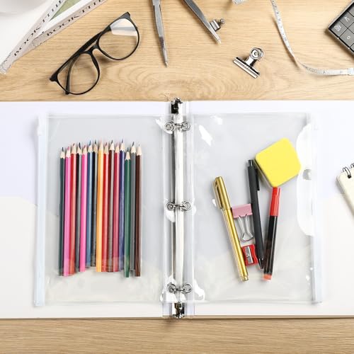 Lincia 24 Pack Clear Pencil Pouch for 3 Ring Binder Pencil Case with Zipper 3 Ring Binder Pocket Insert Bag 10 x 7'' Visible Cash Envelope with Re-enforced Grommet for Office(White, Clear) - color: White, Clear