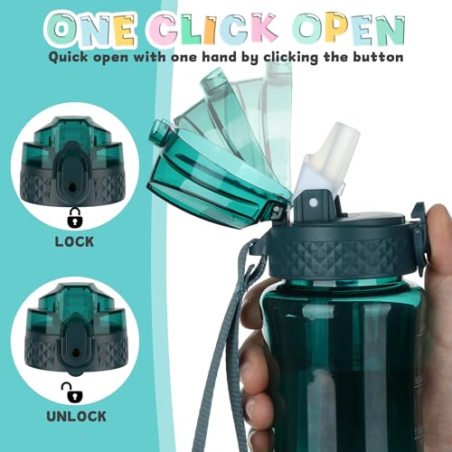 OLDLEY 12oz Kids Water Bottle, Tritan BPA-Free, Leakproof Flip Straw Lid, Motivational Time Marker, Carry Strap, Reusable Clear Water Bottle for Boys & Girls,Trout Green - color: Trout Green, style: 12 Ounces