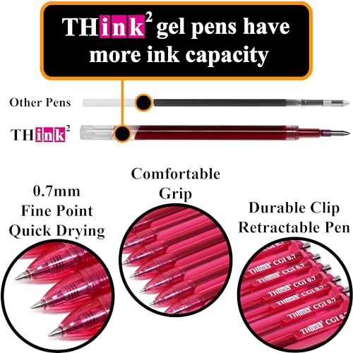 [24 Pens - Pink Ink] Think2 0.7mm CGI Retractable Gel Pens. (24 Pink) Medium Point Rollerball Pens with Smooth Quick Drying Ink. - color: Pink