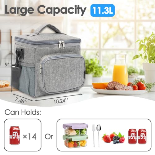 FlowFly Insulated Reusable Lunch Bag Adult Large Lunch Box for Women and Men with Adjustable Shoulder Strap,Front Zipper Pocket and Dual Large Mesh Side Pockets,Grey - color: Gray