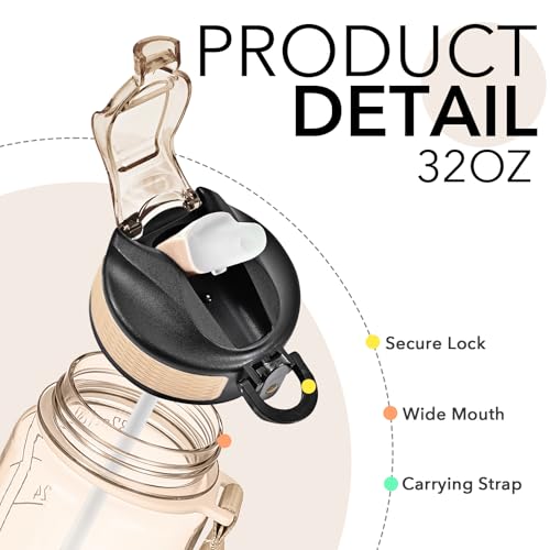 Hyeta Water Bottle with Straw & Time Marker, Plastic 32oz Leakproof | Motivational Tritan BPA Free Gym Office Outdoor Intake Tracker Hourly Reminder Straw Lid Carry Strap - color: Clear Amber