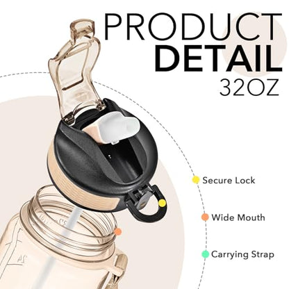 Hyeta Water Bottle with Straw & Time Marker, Plastic 32oz Leakproof | Motivational Tritan BPA Free Gym Office Outdoor Intake Tracker Hourly Reminder Straw Lid Carry Strap - color: Clear Amber