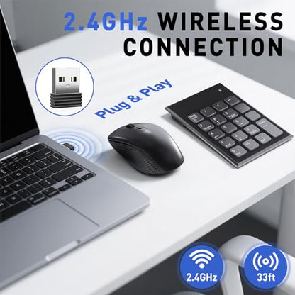 Wireless Number Pad and Mouse Combo, 19 Key USB Keypad and 3 Adjustable DPI Silent Mouse, 2.4GHz Ultra Slim Keypad for Laptop, PC, Desktop, Notebook – One USB Receiver, Portable and Lightweight