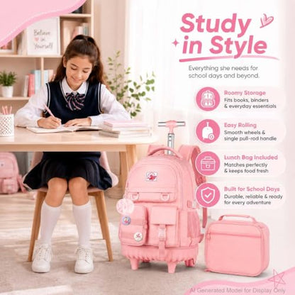 WZLVO Rolling Backpack for Girls Women, 21 inch Water Resistant Roller Wheels Backpacks, Wheeled Bookbag with Lunch Bag for Teen Elementary School Travel - Pink - color: Pink