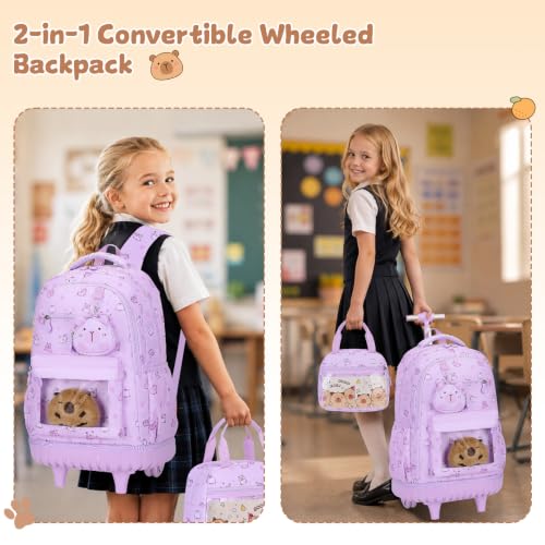 Capybara Theme Rolling Backpack with Lunch Bag & Pencil Case, Kids Rolling Backpack for Girls, Wheeled School Bookbag with Telescoping Handle for Kindergarten Elementary Middle High School - color: Purple