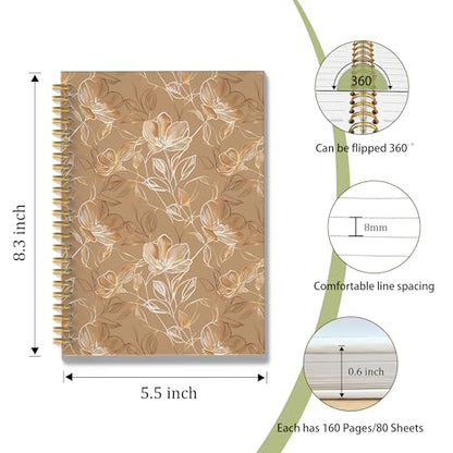 Boho Abstract Floral Spiral Notebook, Gold Brown Luxury Botanical Journal, Neoclassical Modern Hand-drawn Flower Hardcover Notebook Journal, 5.5x8.3 Inch - color: Style06