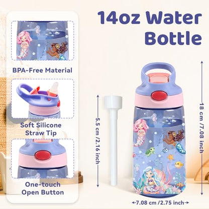 Mermaid 14oz Water Bottle with Straw – Leakproof BPA-Free Plastic Pop-Up Spout, Reusable Leak-Proof Travel Bottle for Outdoor Sports - color: Mermaid1