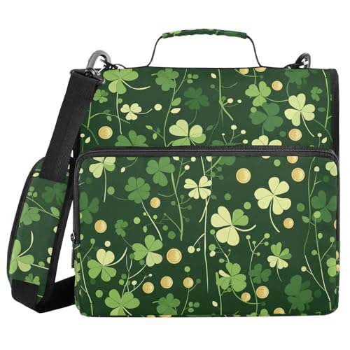 St. Patrick's Day Clover Gold Coins Green Zipper Binder with Shoulder Strap Bag 3 Ring Binder Organizer Large Capacity Multiple Compartments for School Office - color: Clover Coins Green
