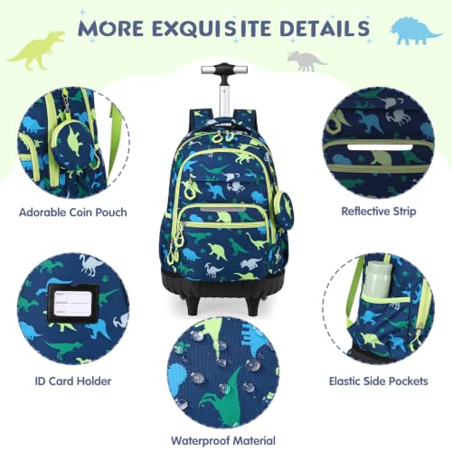 Rolling Backpack for Boys, 3PCS Roller School Backpacks for Boys with Lunch Bag and Pencil Pouch, Kids Bookbag School Bag with Wheels for Kindergarten Elementary Middle School Travel - color: Green Dinosaur
