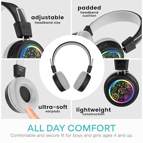 MEE audio KidJamz Share Bluetooth Headphones for Kids with LED Lights, 85dB Volume Limiter, Microphone, 40h Battery; Childrens Headset for School/iPhone/iPad/Tablet (Model: KJ55BT-S, 1-Pack) - color: Black, style: Share