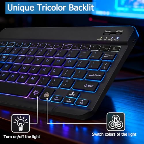 Backlit Bluetooth Keyboard for iPad, Rechargeable Slim Portable Wireless Keyboard for iPad Tablets, Compatible for All iOS/Windows/Android System Devices-Black