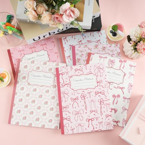 6 Pack Pink Bow Composition Notebooks, Preppy Cute Coquette Notebook,9-3/4 x 7-1/2" Aesthetic College Ruled Journal Back to School Teacher Gifts First Day of School Favors, 110 Pages - color: Pink