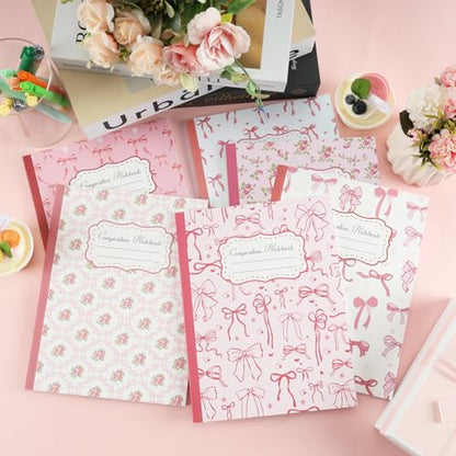 6 Pack Pink Bow Composition Notebooks, Preppy Cute Coquette Notebook,9-3/4 x 7-1/2" Aesthetic College Ruled Journal Back to School Teacher Gifts First Day of School Favors, 110 Pages - color: Pink