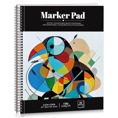 50 Sheets Marker Paper Pad, 11×14 Inch Bleedproof Art Sketch Pad, 73lb/120gsm Drawing Paper Spiral Sketch Book, Painting Coloring Alcohol Marker Paper for Beginners, Artists, Ideal Gift - size: 11×14 inch (50 Sheets )