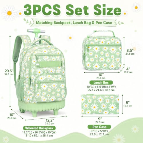 AGSDON Elegant Chrysanthemum Rolling Backpack Set – 20” Girls Roller Bookbag with Matching Lunch Box for Travel, Commute & School | Water-Resistant Fashion Wheeled Organizer in Flower Cyan - color: Rolling Backpack Set - Daisy Green